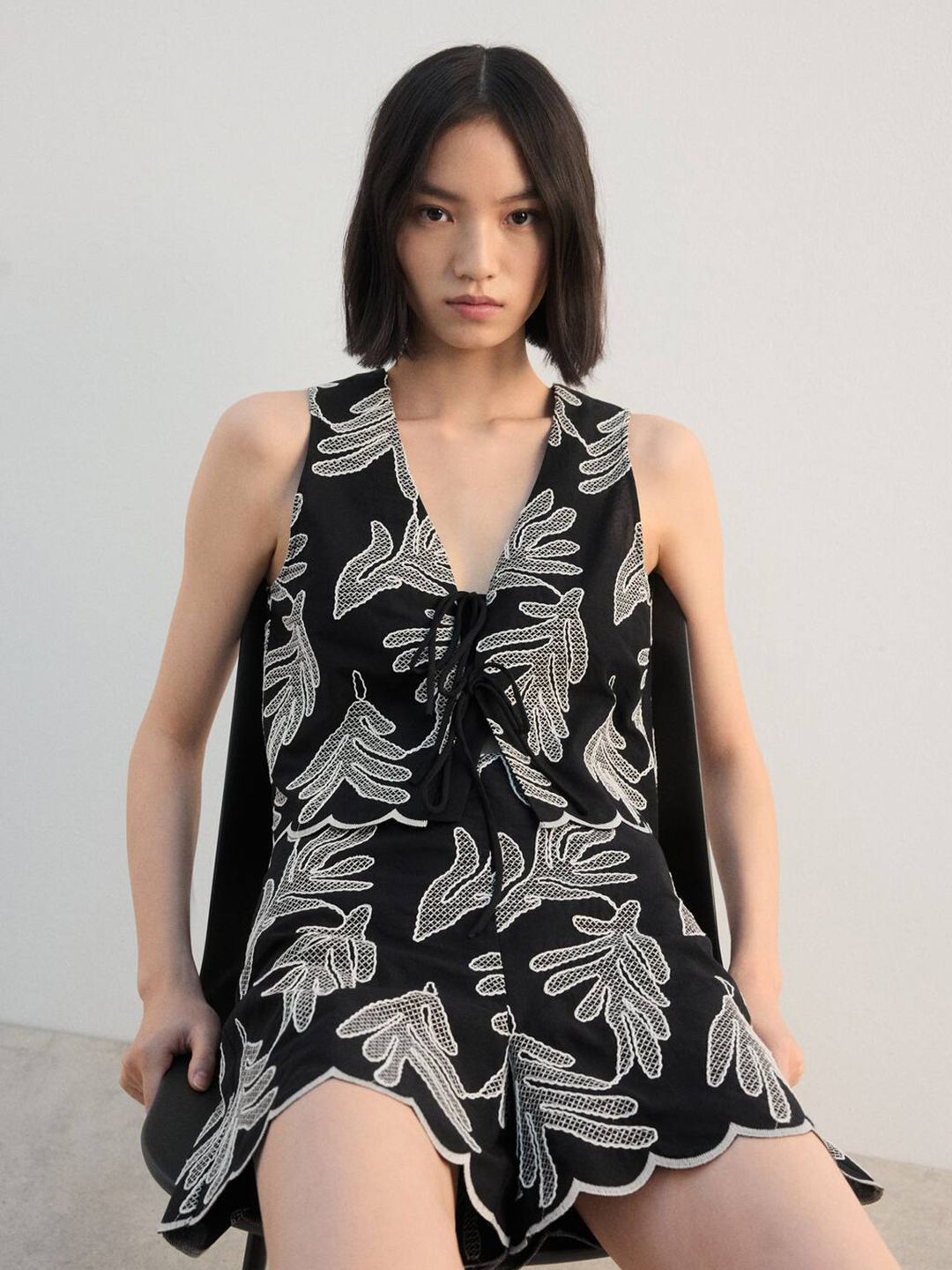 Floral Embroidered Cotton Top with Scalloped Hem