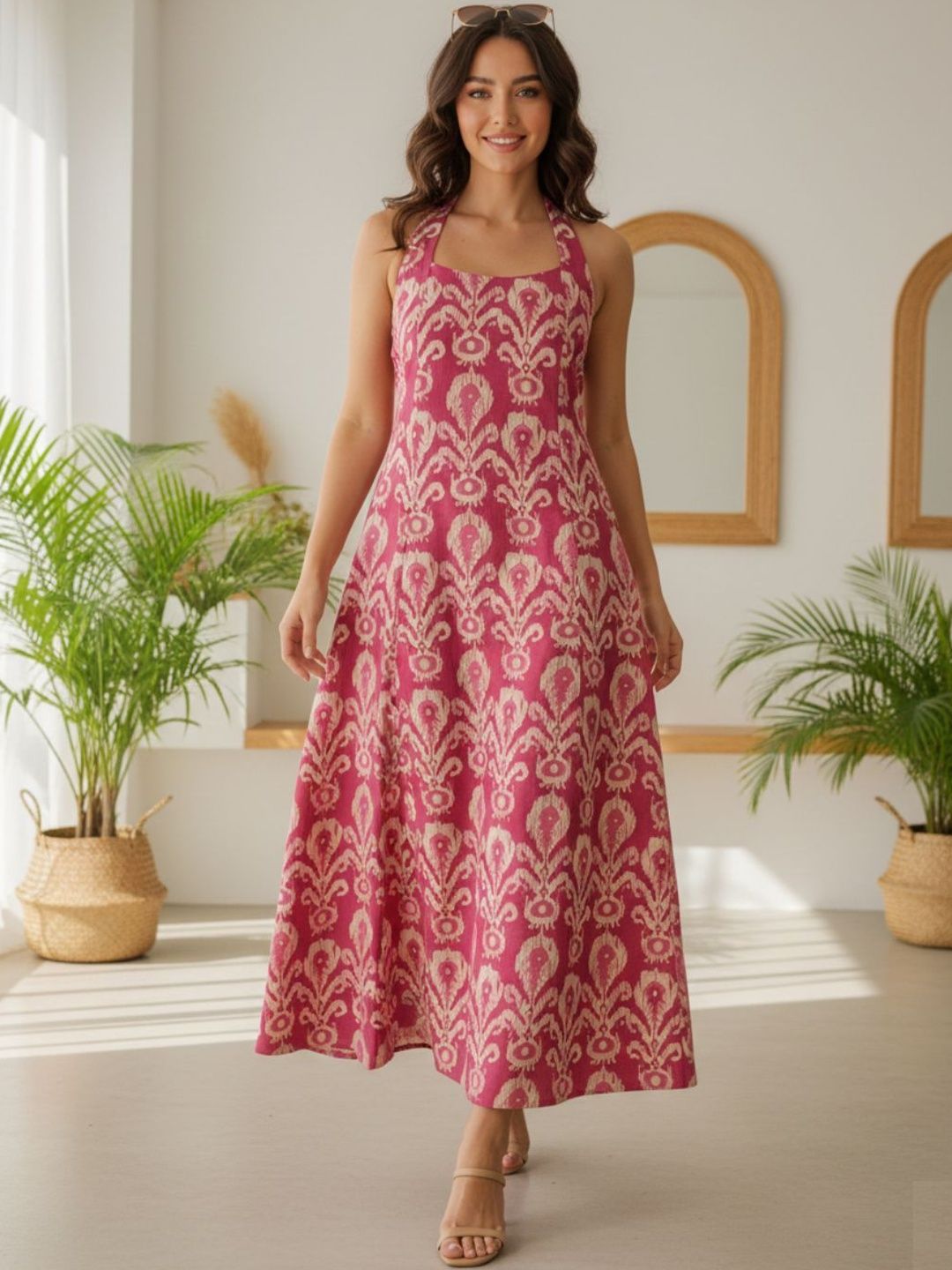 Varanga Print Halter Neck Fit & Flare Midi Dress