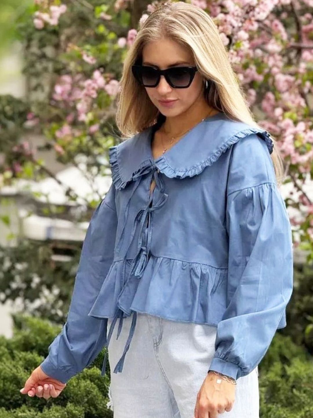 Buy LULU & SKY Puff Sleeve Ruffles Cotton Blend Crop Top - Tops