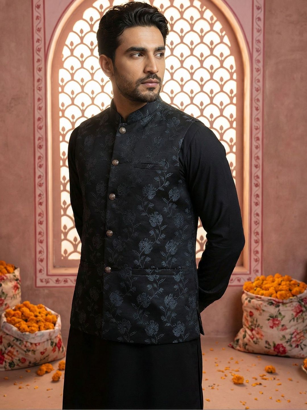 Jompers Embossed Mandarin Collared Nehru Jackets
