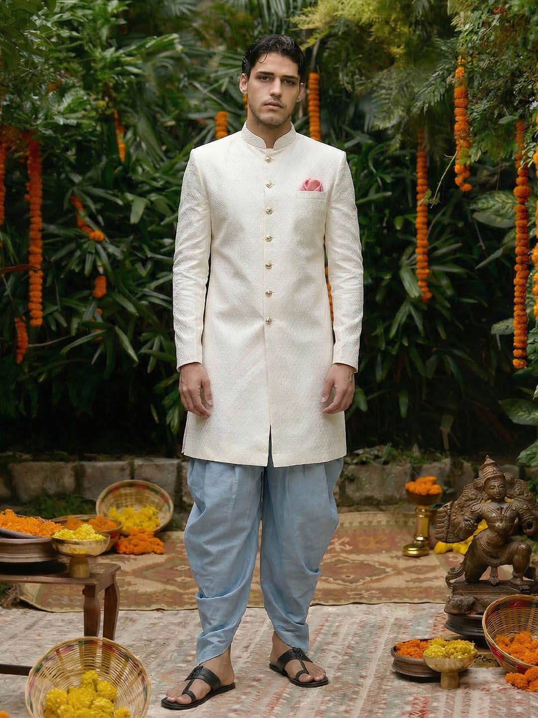 KISAH Men Self-Design Silk Indowestern Sherwani with Dhoti Pants