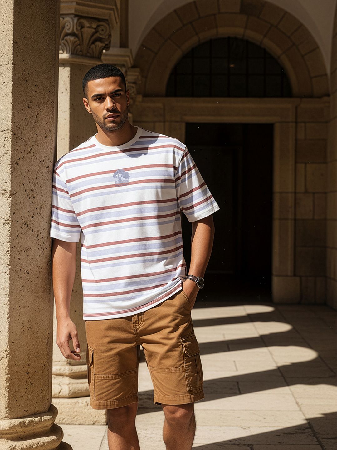 The Roadster Life Co. Striped Drop-Shoulder Sleeves Relaxed T-shirt