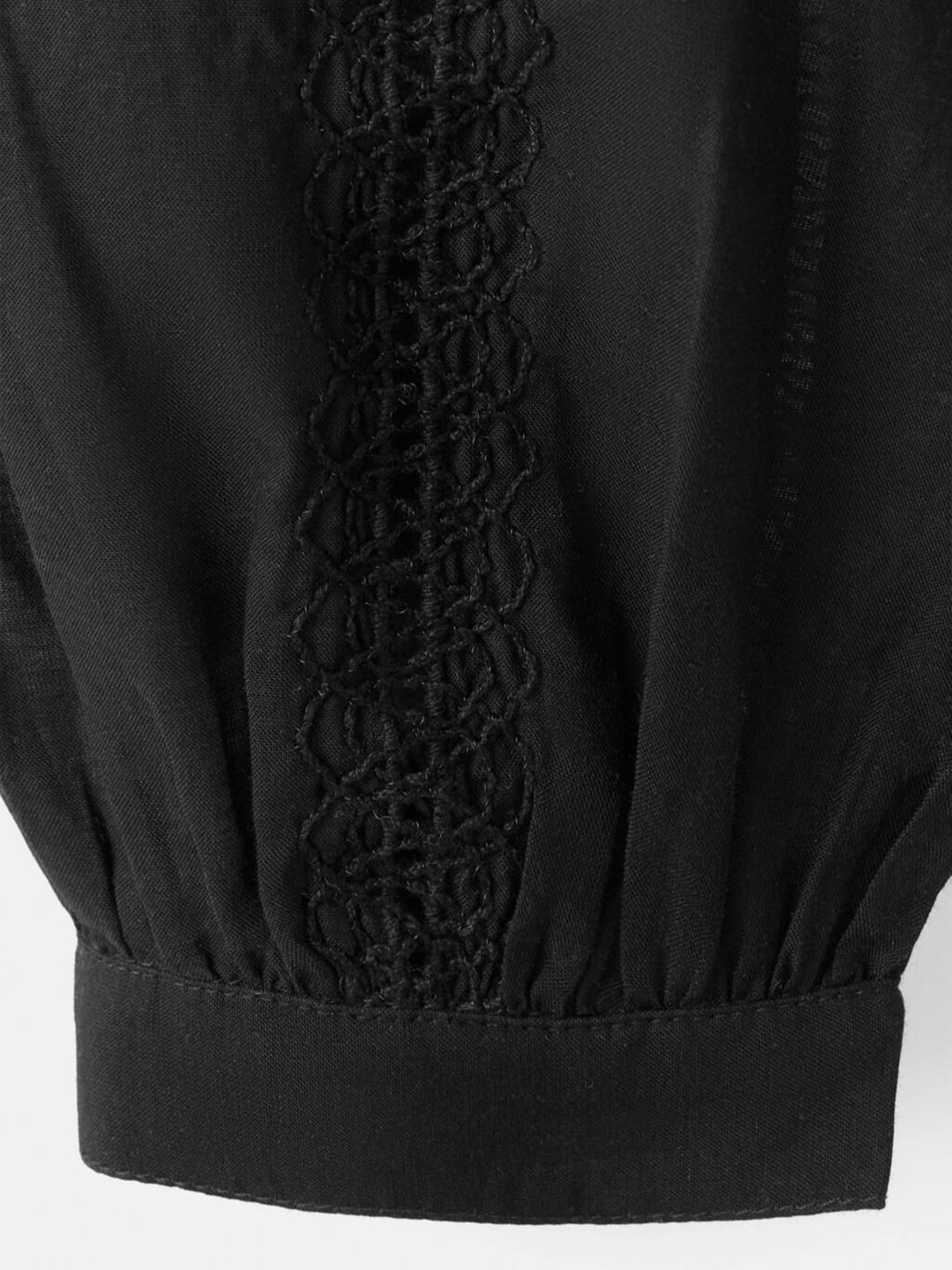 Floral Embroidered Puff Sleeves Band Collar Shirt Style Top