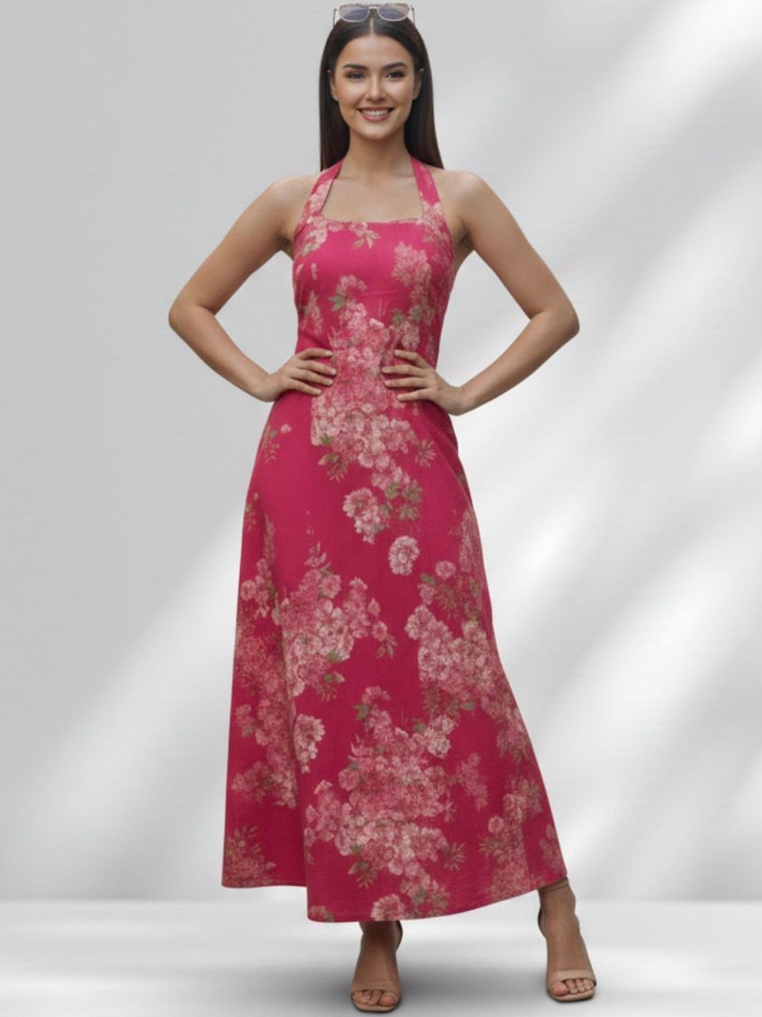 Varanga Floral Print Halter Neck Sheath Maxi Dress