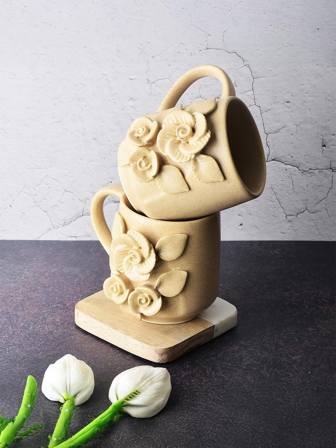 Simply Soho Beige Floral Textured Ceramic Matte Cups Set of Cups and Mugs