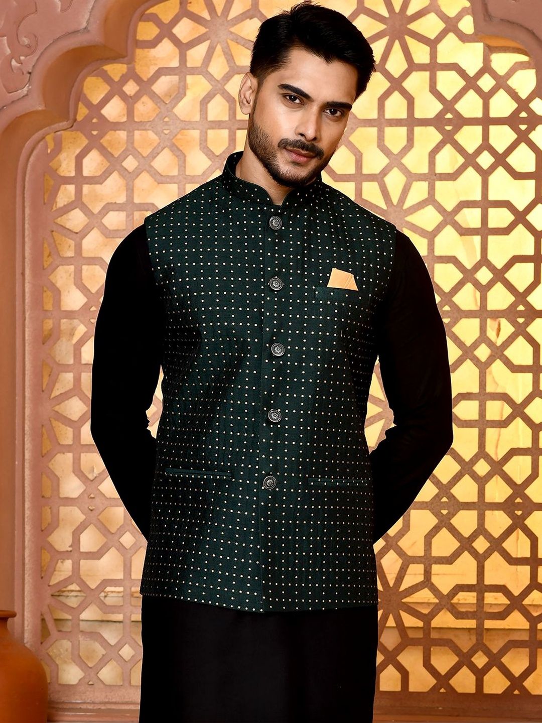 TRENDS OF ETHNIC Men Woven Design Classy Fit Jacquard Nehru Jacket