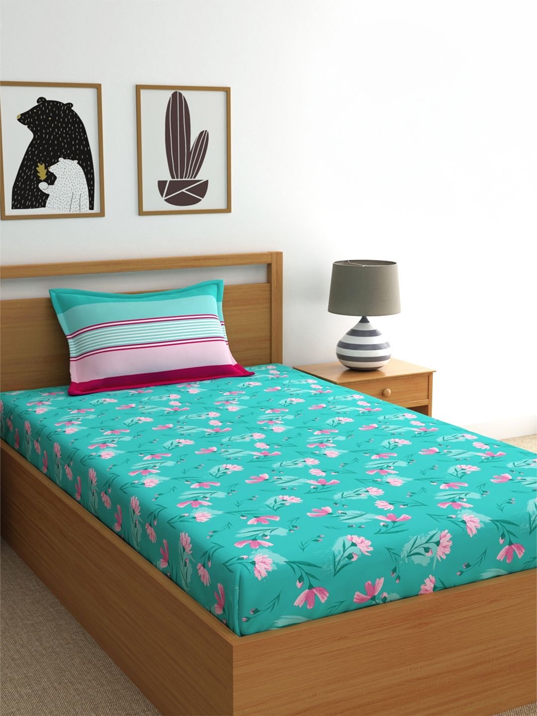 Dreamscape Sea Green Cotton 140 TC Queen Bedsheet with 2 Pillow Covers 1.5m x 1.9m