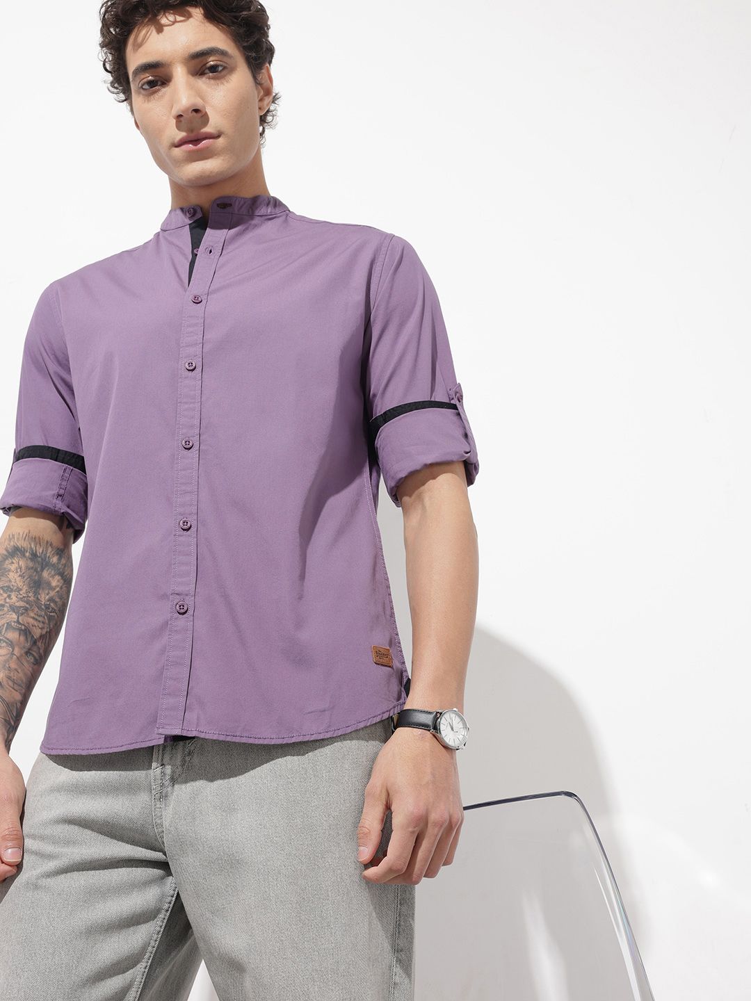The Roadster Life Co. Band Collar Roll-Up Sleeves Pure Cotton Casual Shirt