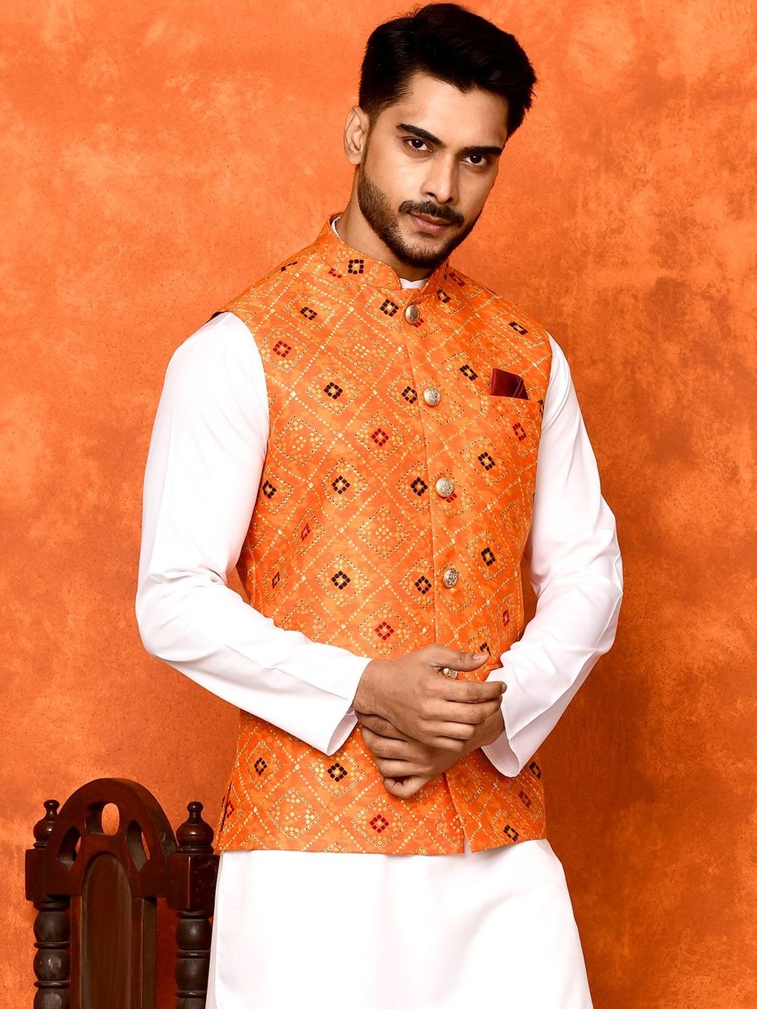 TRENDS OF ETHNIC Men Rangoli Printed Orange Classy Fit Nehru Jacket
