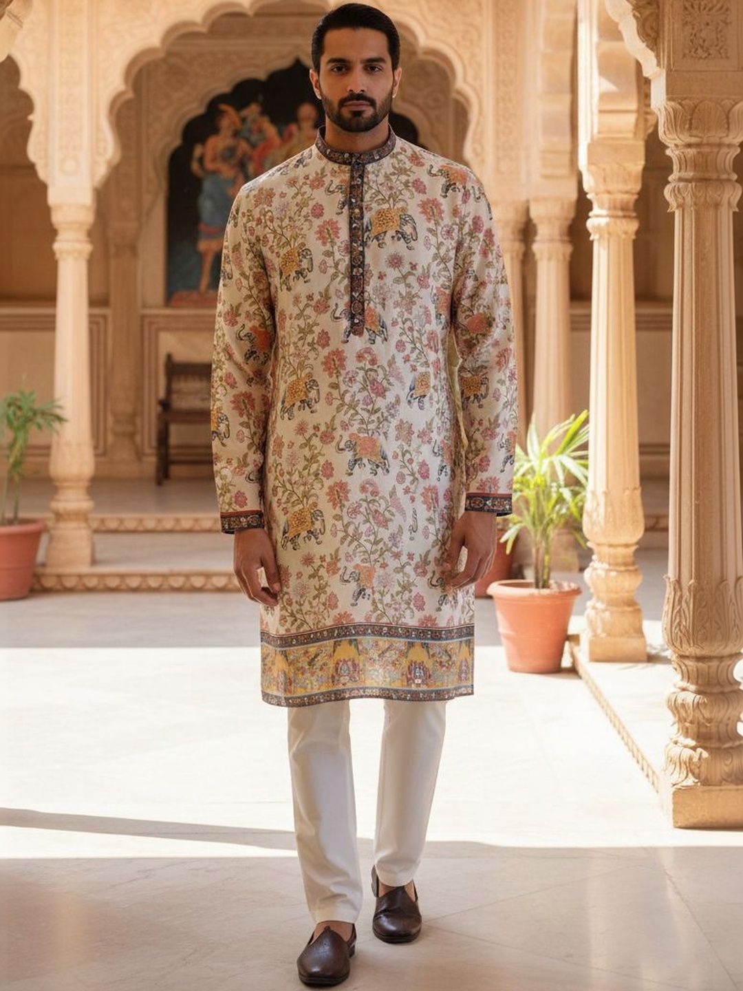 House of Pataudi Printed Mandarin Collar Knee Length Straight Kurtas