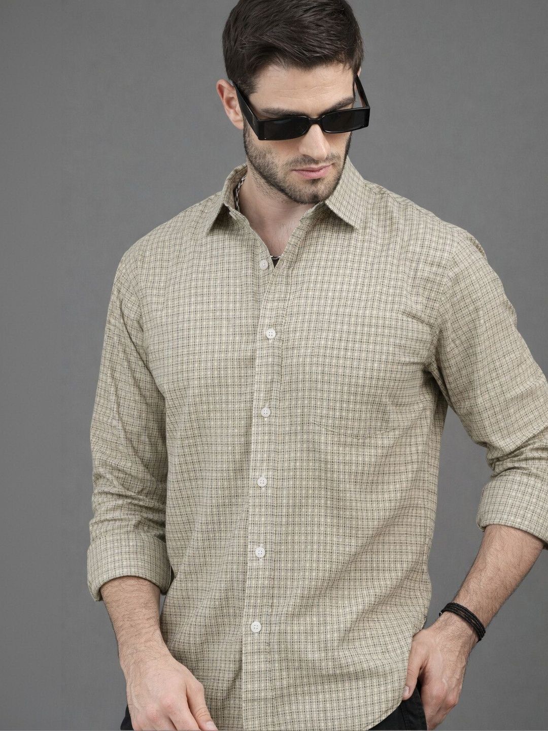 The Roadster Lifestyle Co Checked Pure Cotton Spread Collar Shirt