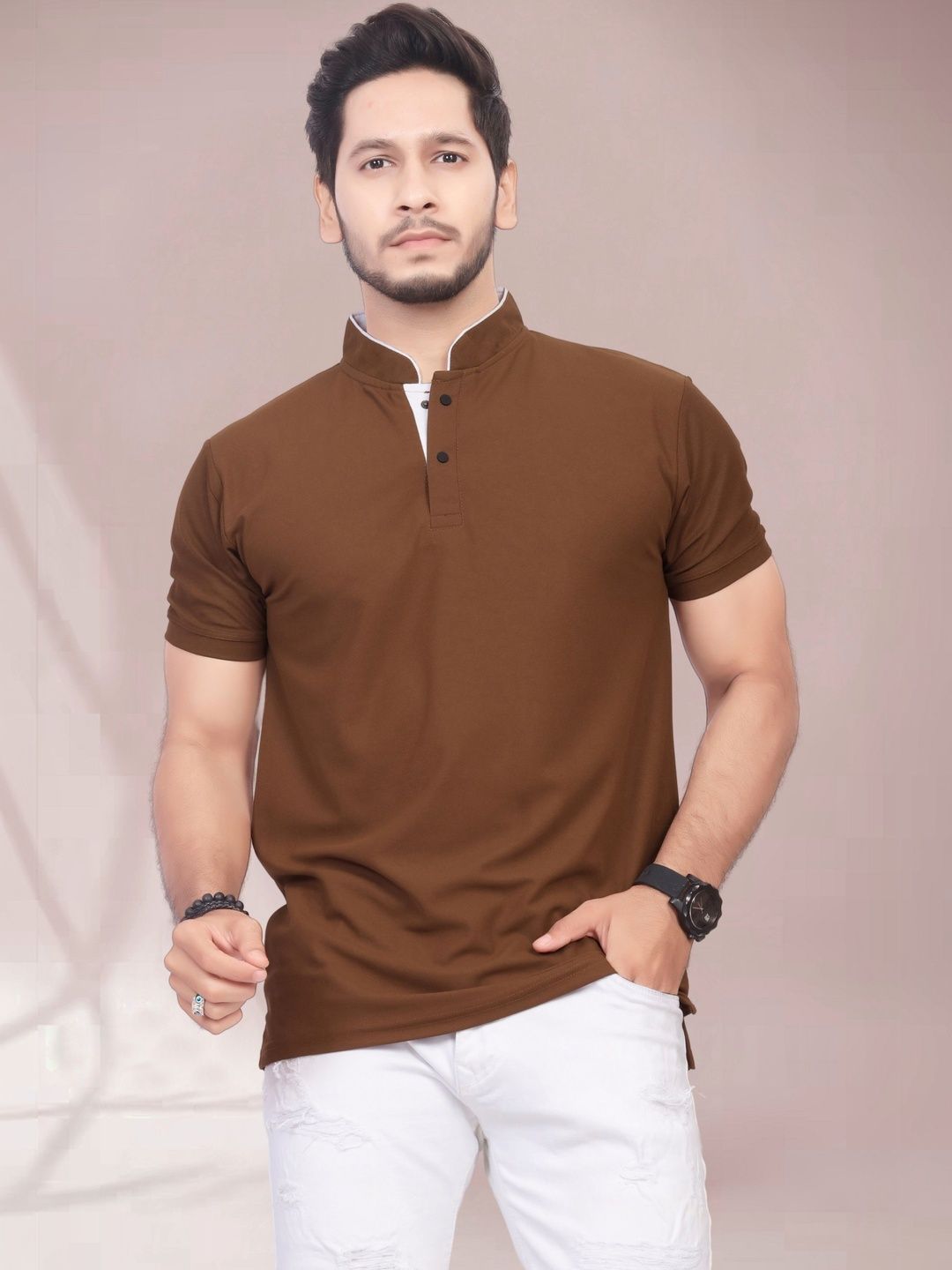 Divra Clothing Men Mandarin Collar T-shirt