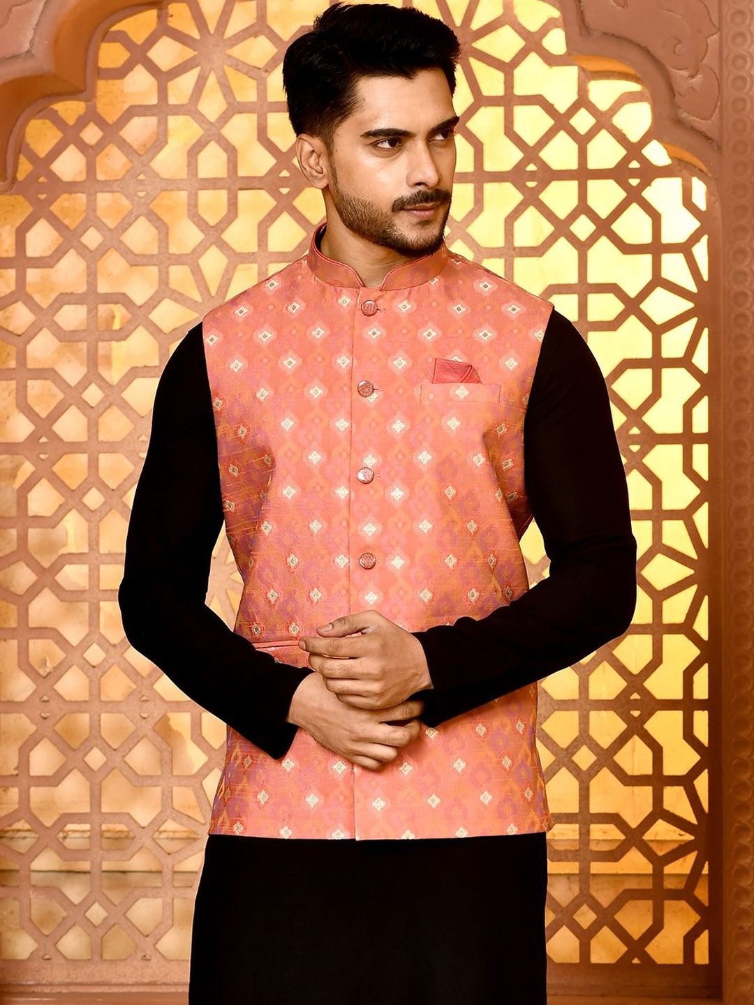 TRENDS OF ETHNIC Men Motif Design Classy Fit Jacquard Nehru Jacket
