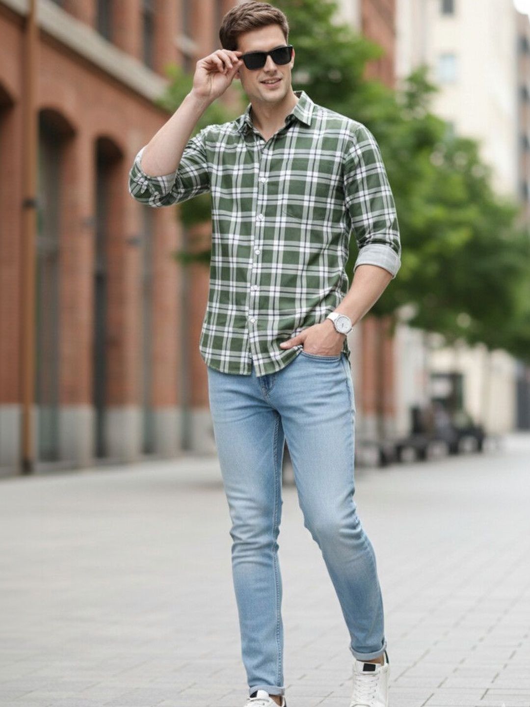 The Roadster Lifestyle Co Checked Pure Cotton Spread Collar Shirt