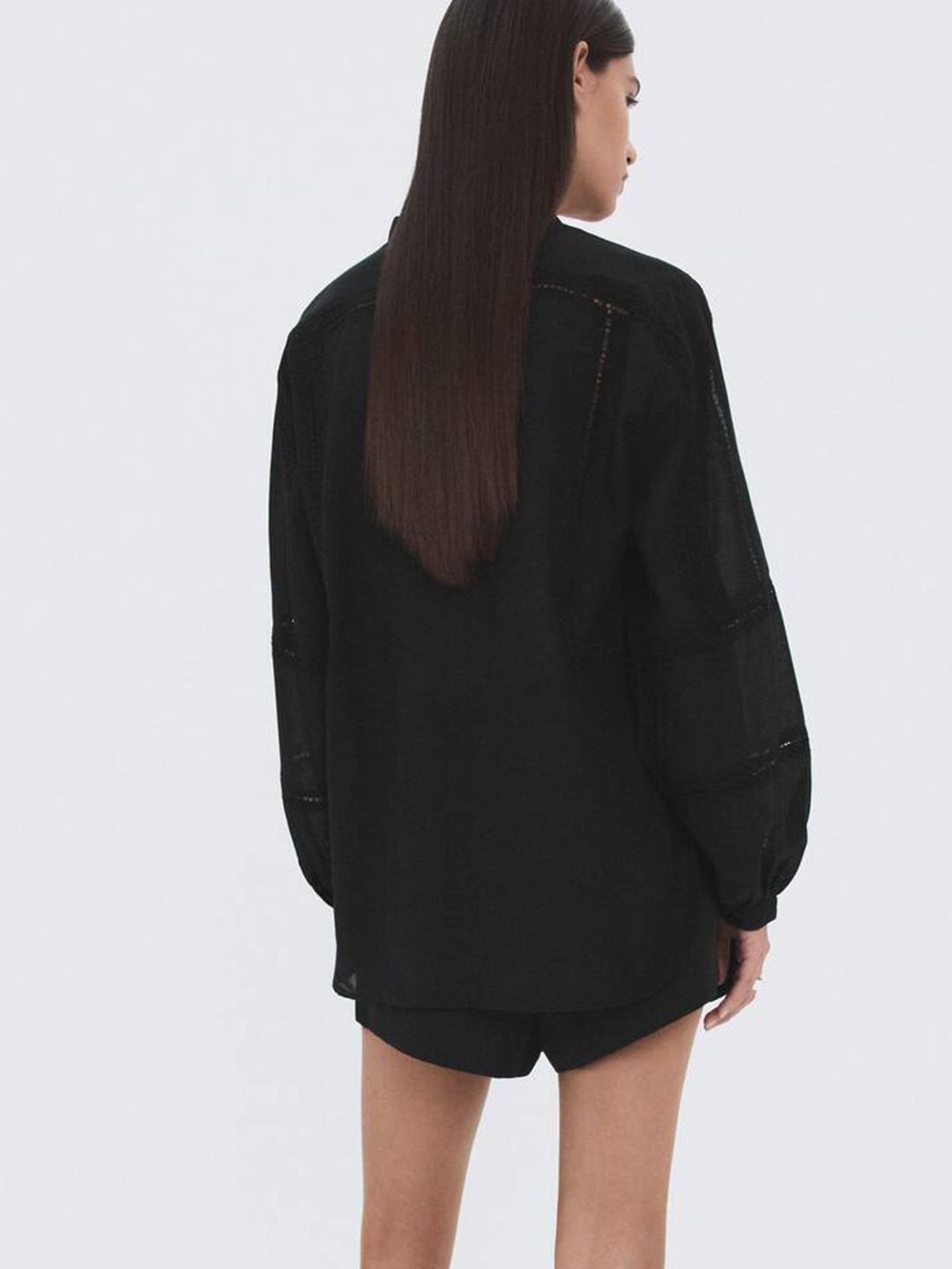 Floral Embroidered Puff Sleeves Band Collar Shirt Style Top