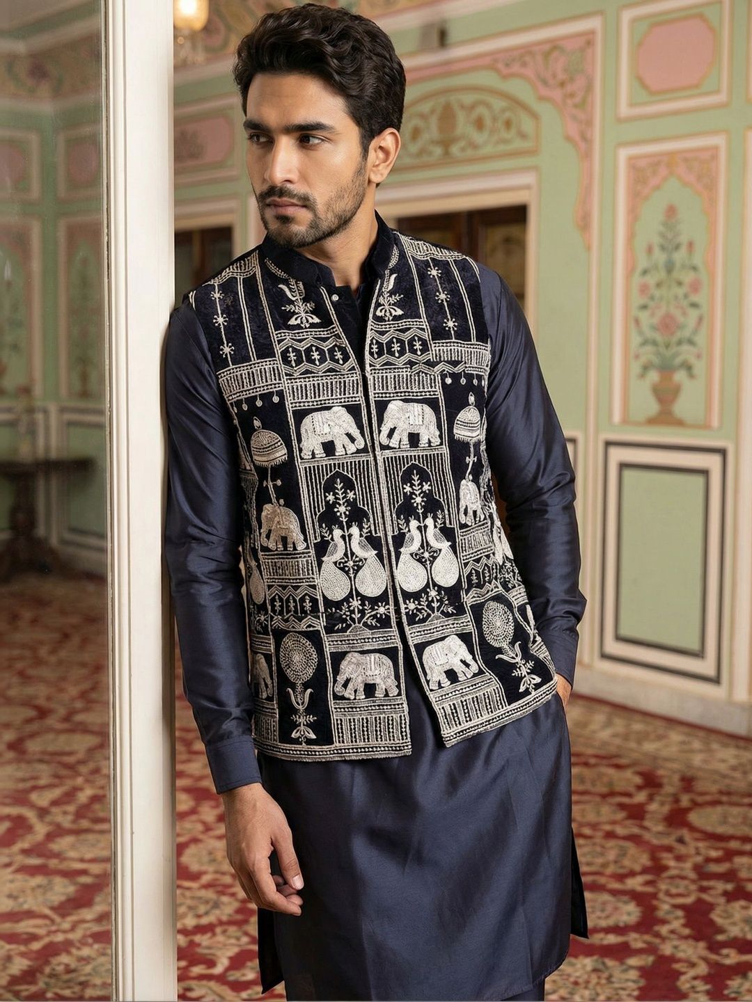 Jompers Embroidered Mandarin Collared Nehru Jackets