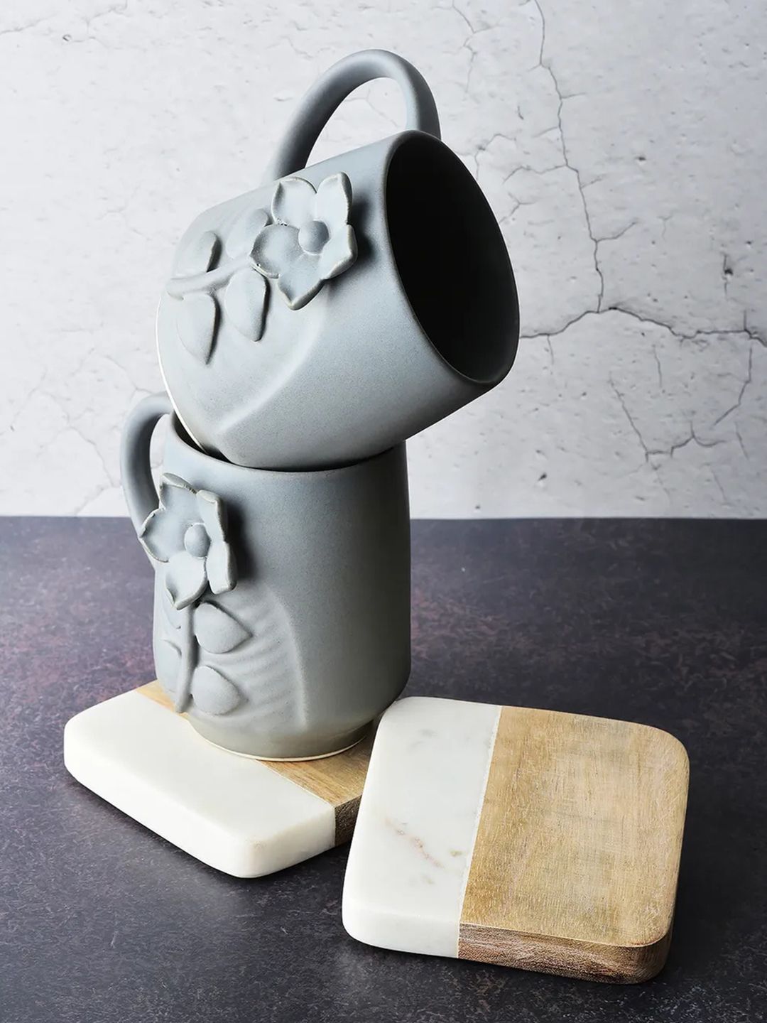 Simply Soho Grey Floral Textured Ceramic Matte Cups Set of Cups and Mugs