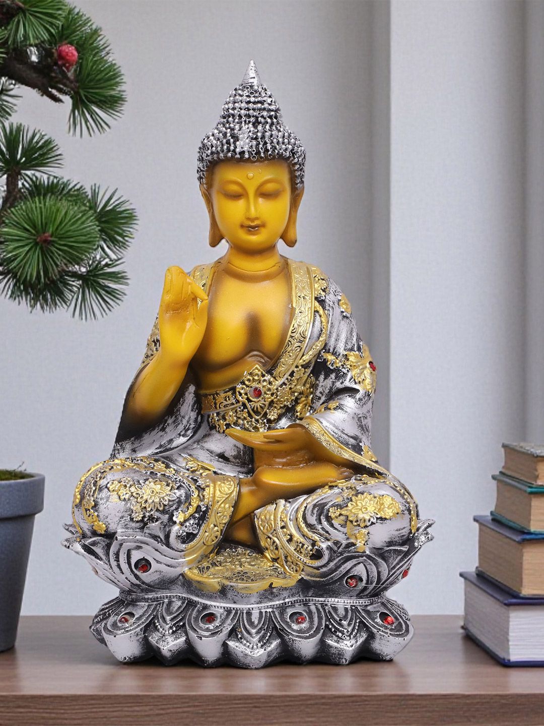 vedas Silver-Toned Buddha Figurine Showpiece