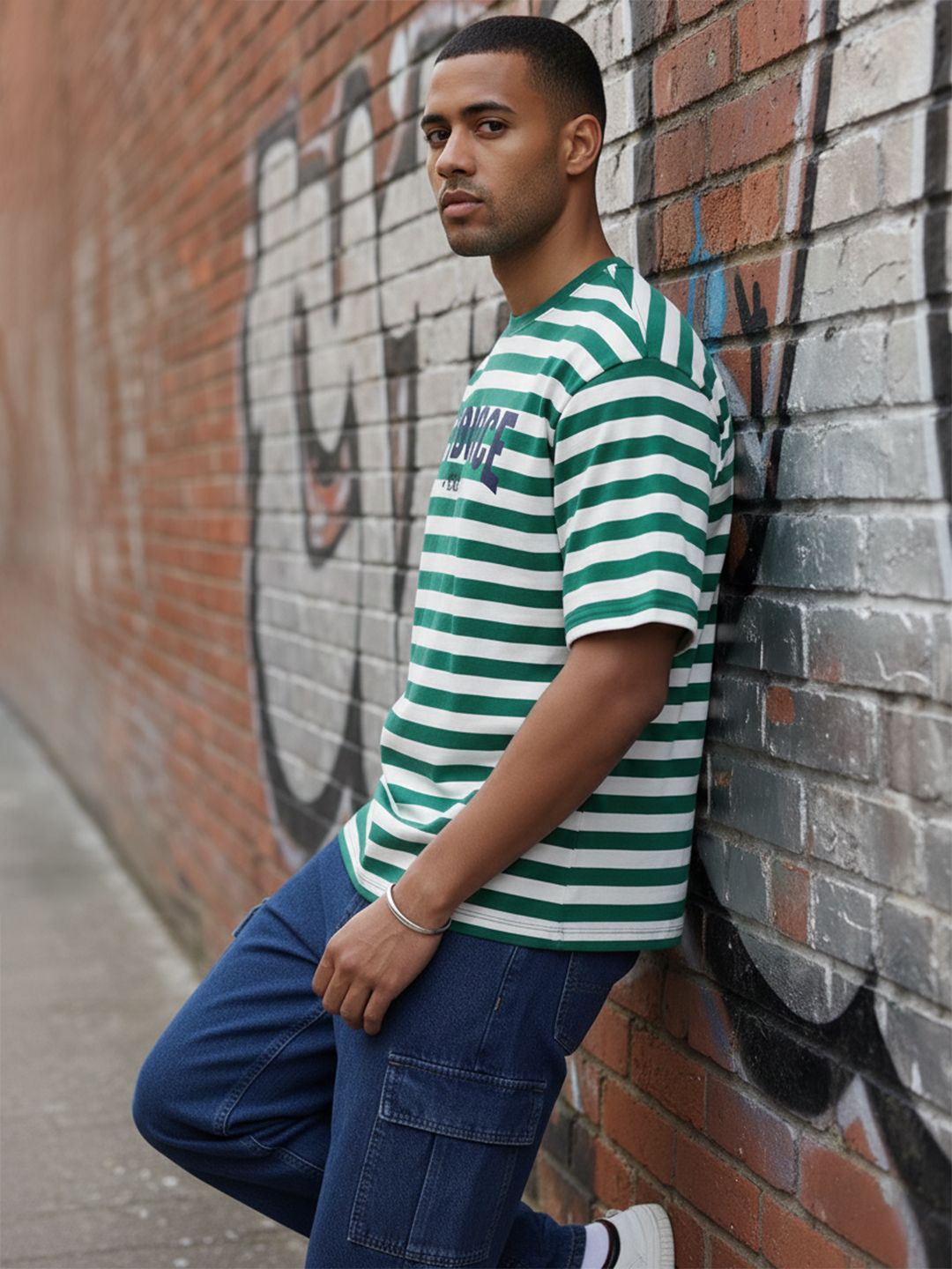 The Roadster Life Co. Striped Drop-Shoulder Sleeves Relaxed Fit T-shirt