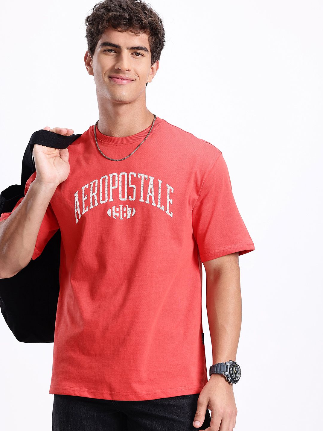 Aeropostale Brand Logo Printed Drop-Shoulder Sleeves Pure Cotton Relaxed Fit T-shirt