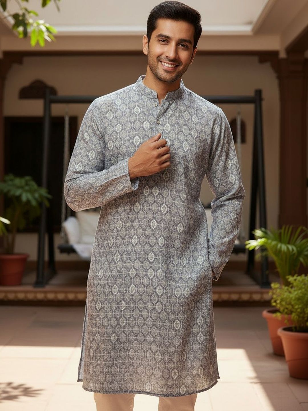 House of Pataudi Embroidered Pure Cotton Mandarin Collar Knee Length Straight Kurta
