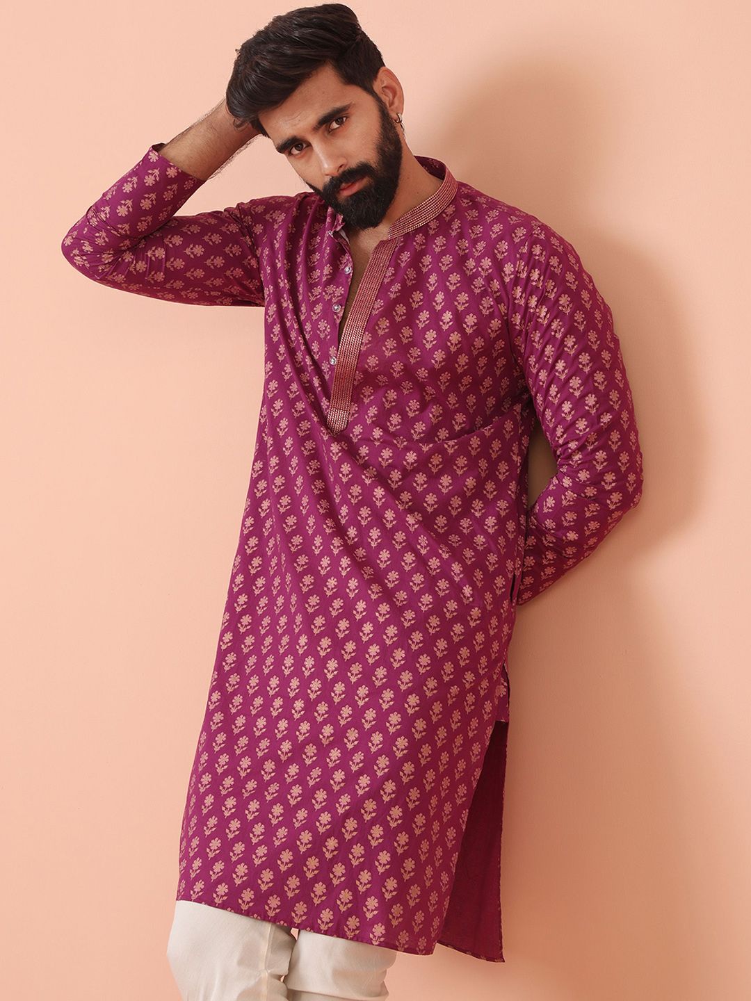 KISAH Men Printed Regular Fit Floral Kurta