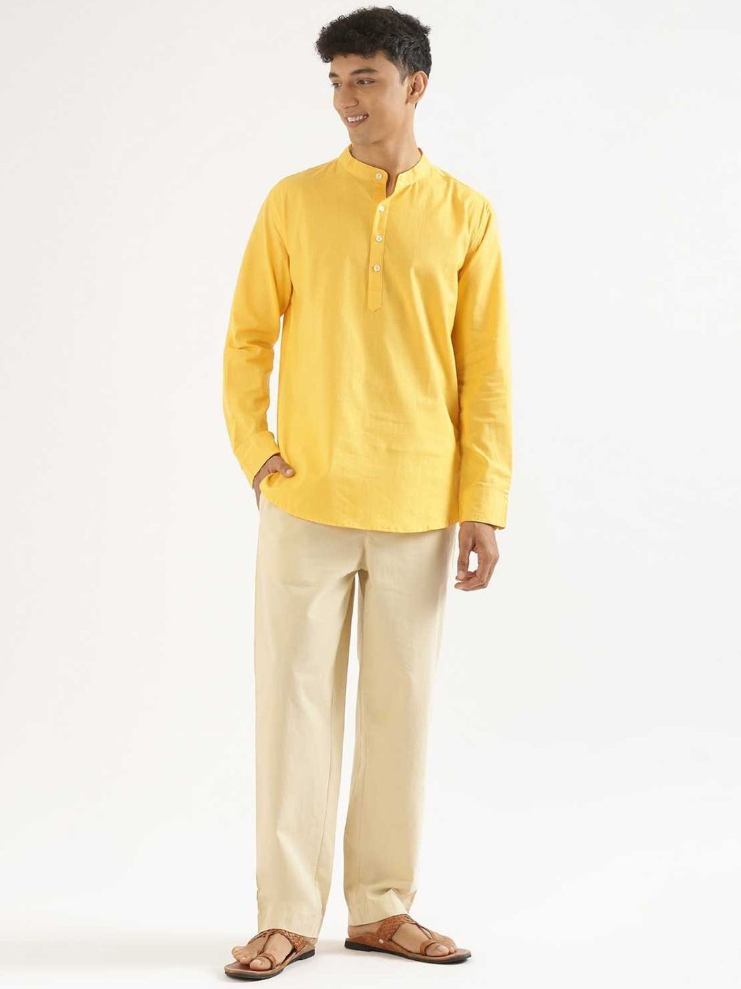 SAADAA Thread Work Mandarin Collar Straight Linen Kurta