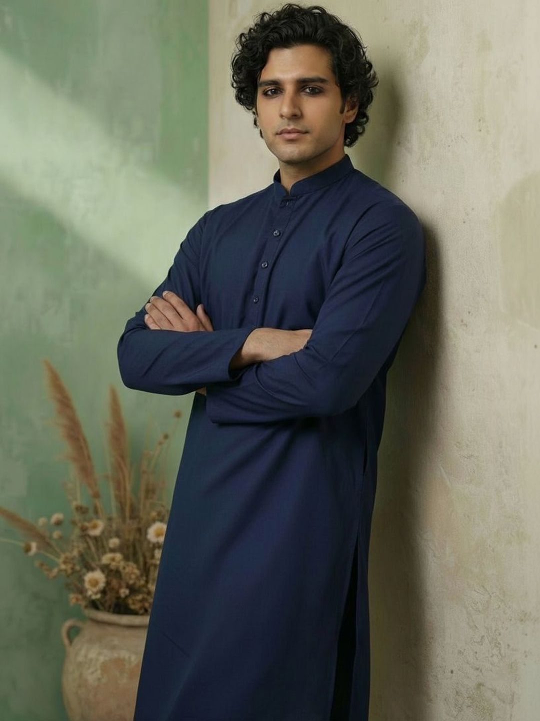 KISAH Men Navy Blue Mandarin Collar  Solid Kurta