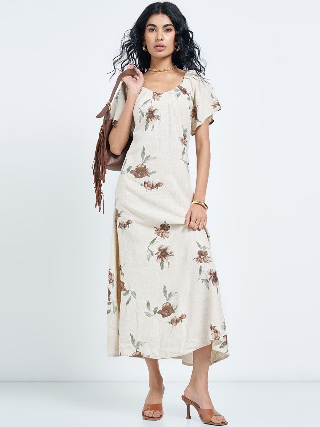 Floral Print A-Line Midi Flutter Sleeve Dress Honey by Pantaloons Floral Print Flutter Sleeve A-Line Midi Dress