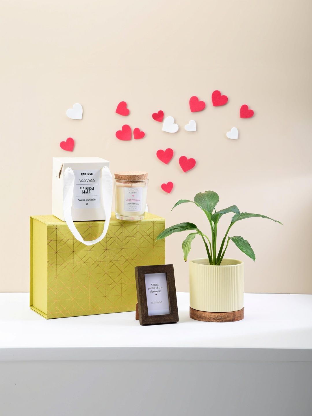 DAANYAA 3Pcs Beige & Brown Candles Photo Frame & Planter Couple Gifting Sets For Wife