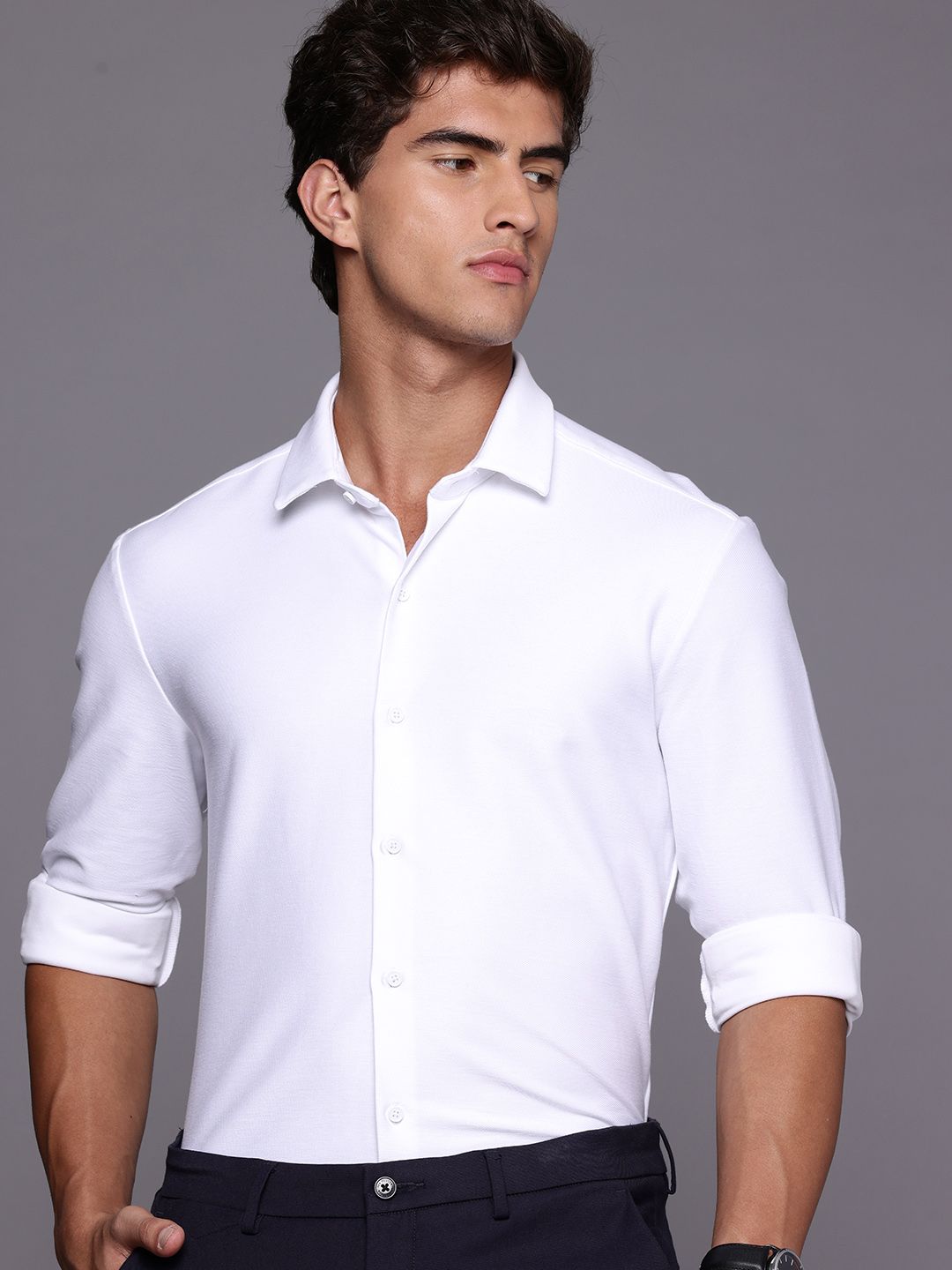 Louis Philippe Ath.Work Louis Philippe Mens Slim Fit Performance Knit Young formal Shirt with 360 Degree Stretch