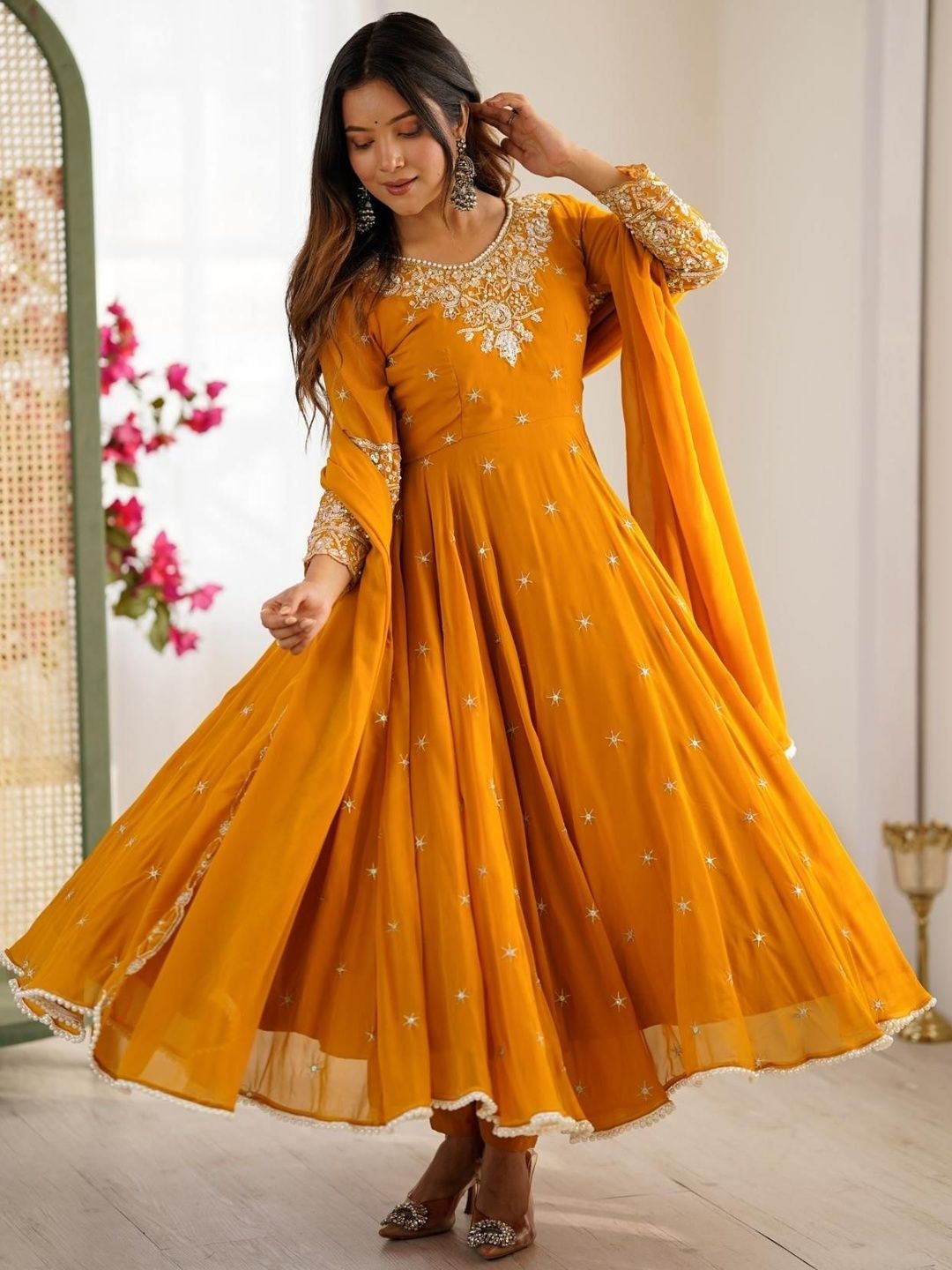 JAL FASHION JAL FASHION Women Ethnic Motifs Embroidered Panelled Mirror Work Kurta with Churidar & With Dupatta