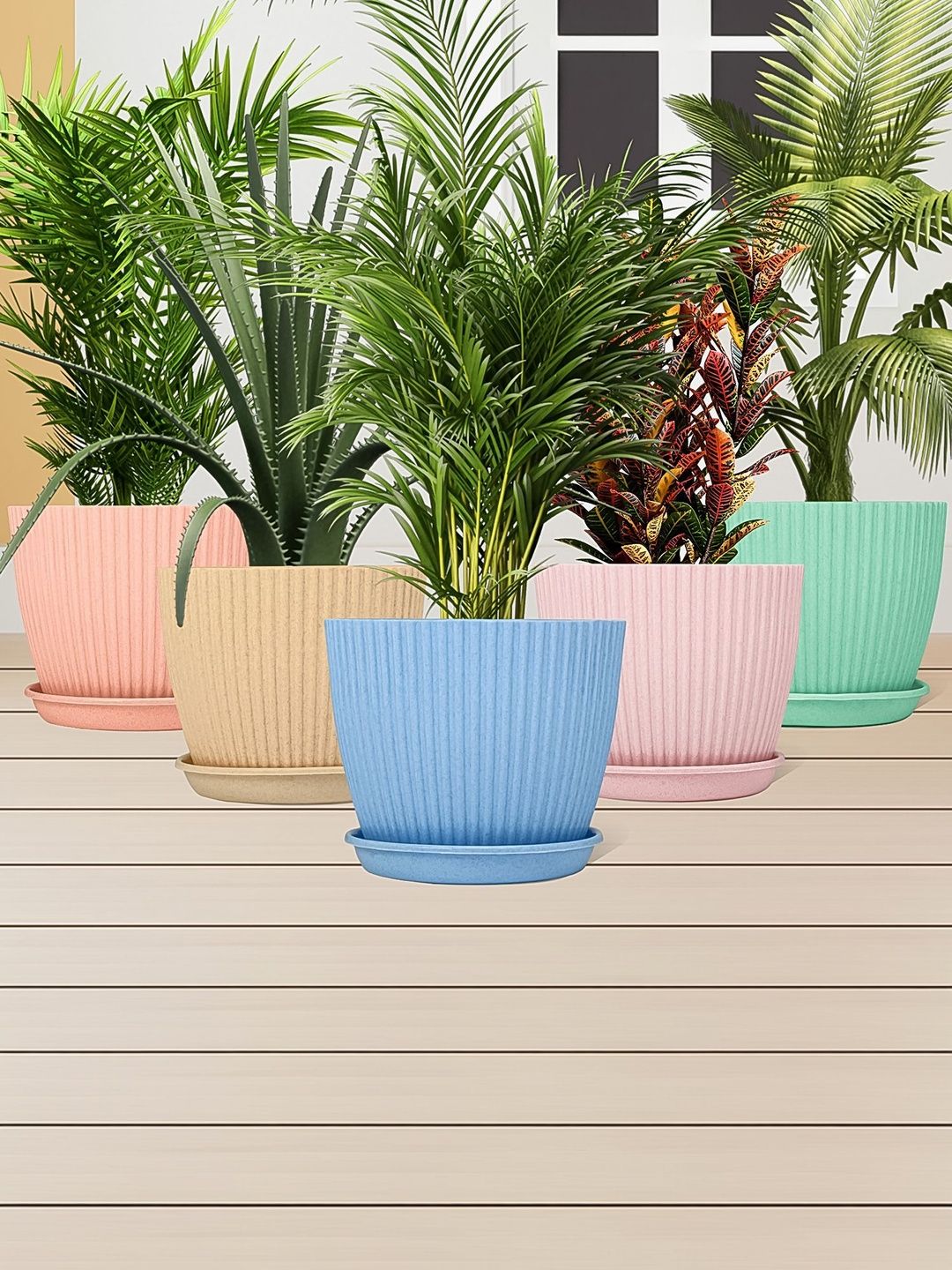 DeoDap 5Pcs Blue & Pink Textured Round Planters With Tray