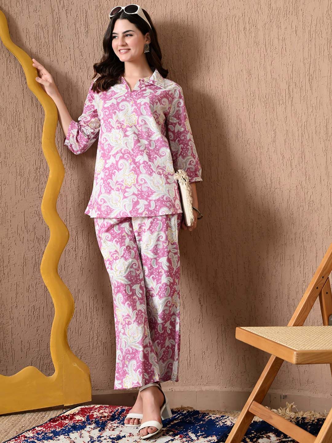 SILAKIVA Printed Shirt Collar Tunic & Trousers Co-Ords