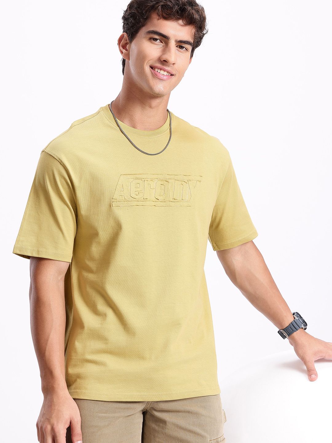 Aeropostale Brand Logo Applique Drop-Shoulder Sleeves Pure Cotton Relaxed Fit T-shirt