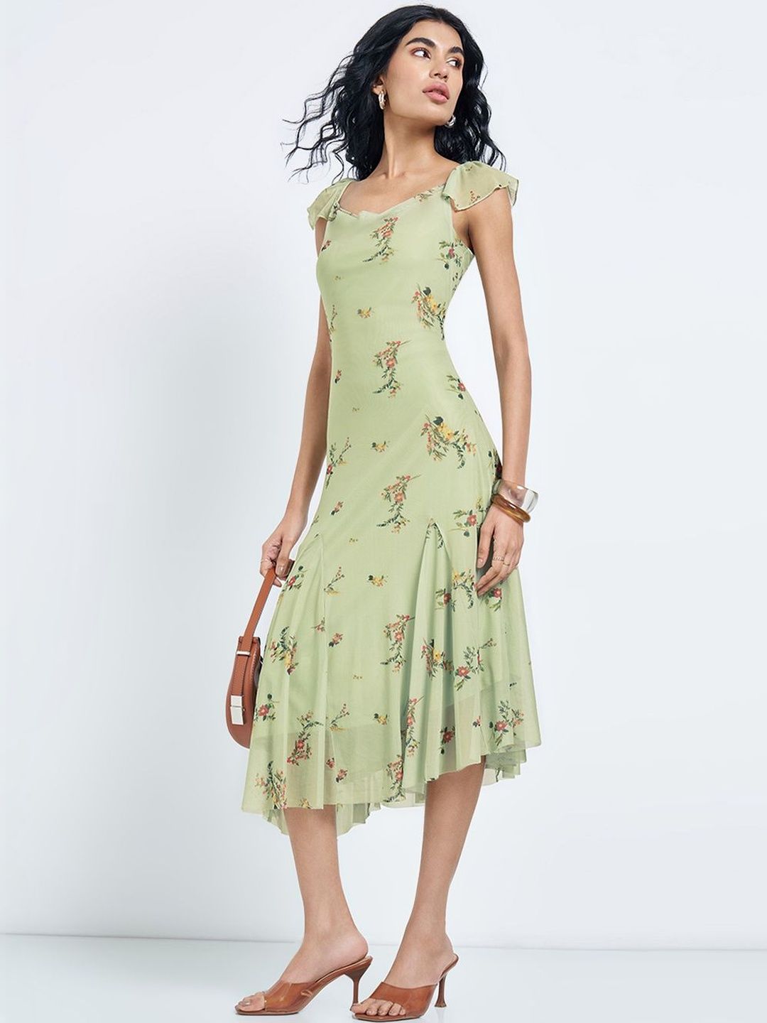 Floral Print A-Line Midi Flutter Sleeve Dress Honey by Pantaloons Floral Print Flutter Sleeve Ruffled A-Line Midi Dress