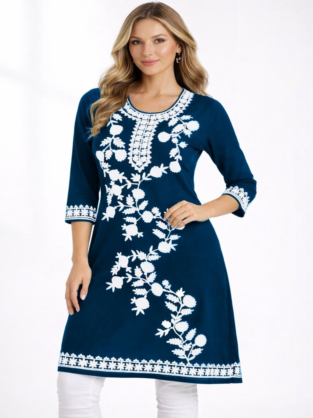 Naida Botanical Embroidered Thread Work Thread Work Kurti
