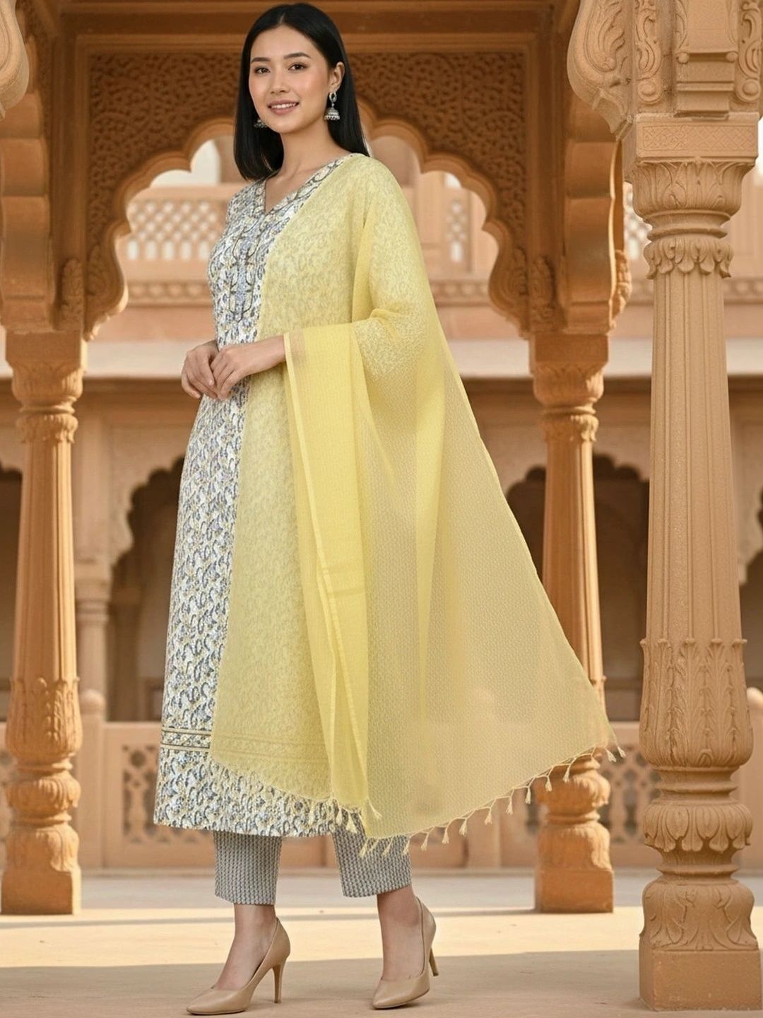 arangya Women Ethnic Motifs Printed Regular Thread Work Kurta with Trousers & With Dupatta