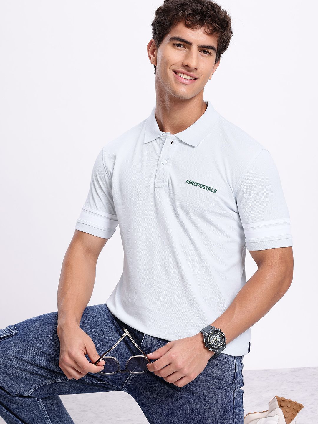 Aeropostale Brand Logo Embroidered Polo Collar Pure Cotton T-shirt