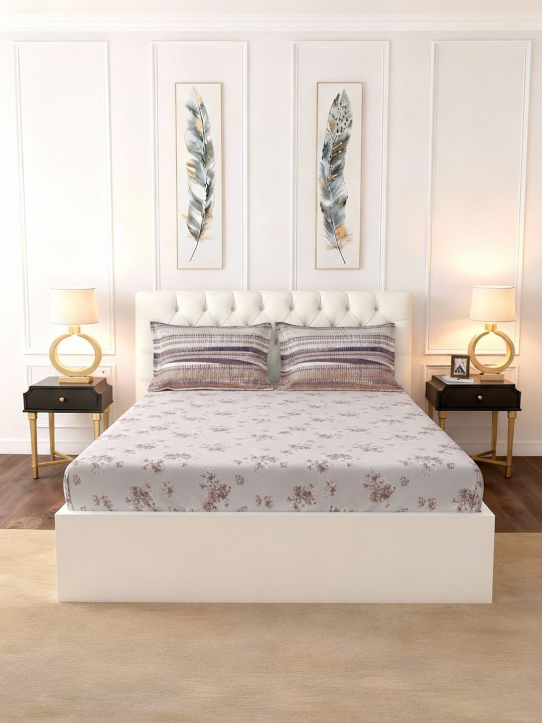 Raymond Home Raymond Home Grey Floral 140 TC King Bedsheet with 2 Pillow Covers