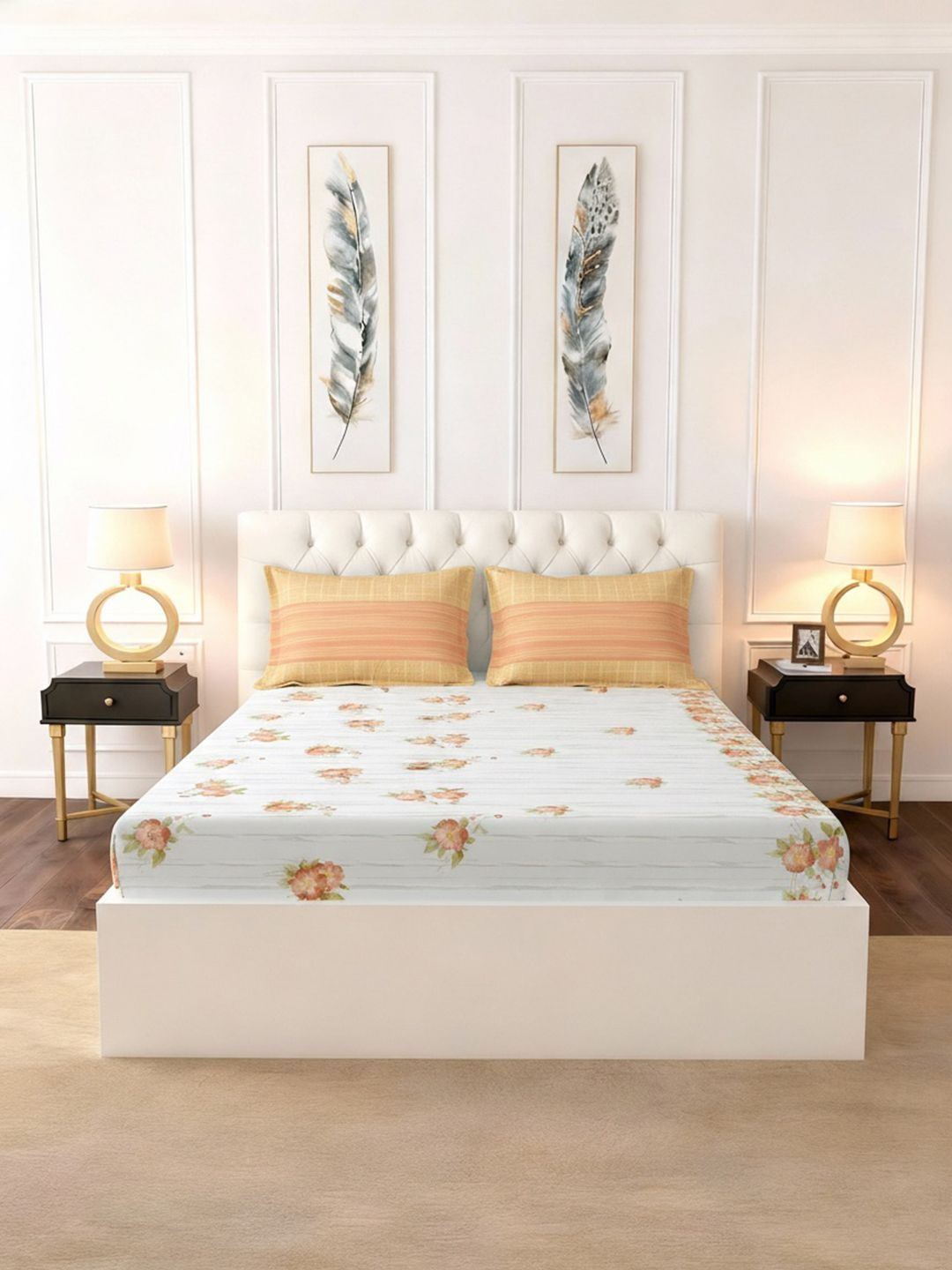 Raymond Home Raymond Home White Floral 140 TC Queen Bedsheet with 2 Pillow Covers