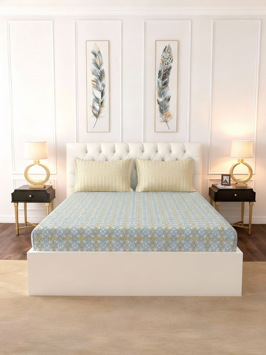 140 TC King Superfine Bedsheet with 2 Pillow Covers Raymond Home Blue Geometric 140 TC King Bedsheet with 2 Pillow Covers