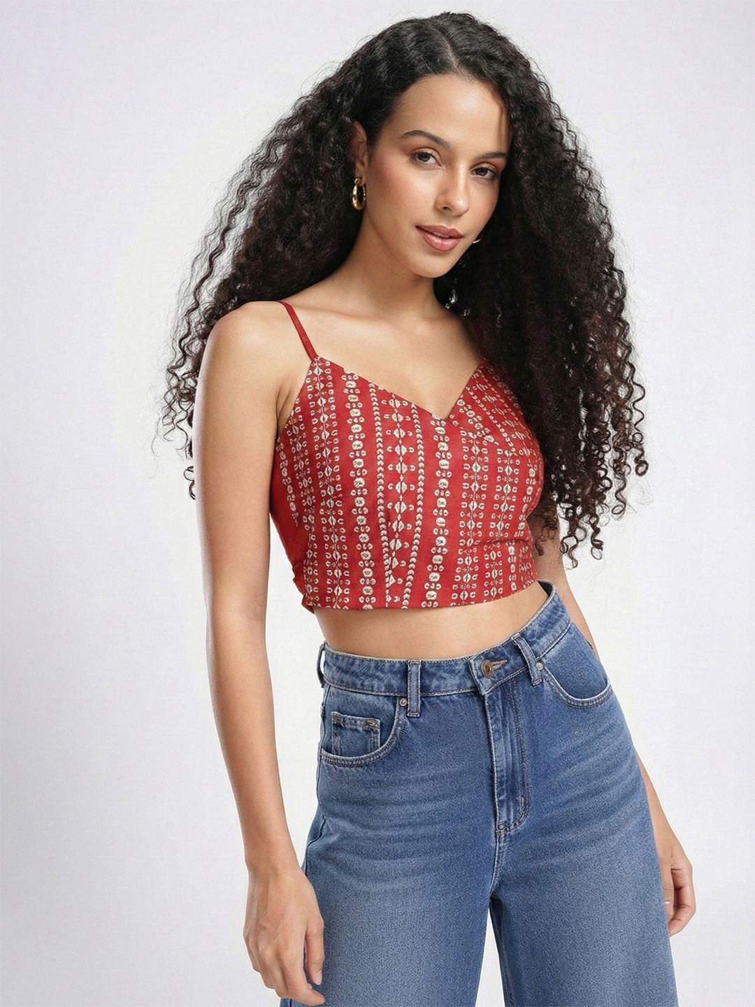 fusion by glitchez fusion by glitchez Embossed Foil Print Shoulder Straps Tie-Up Detailed Crop Wrap Top