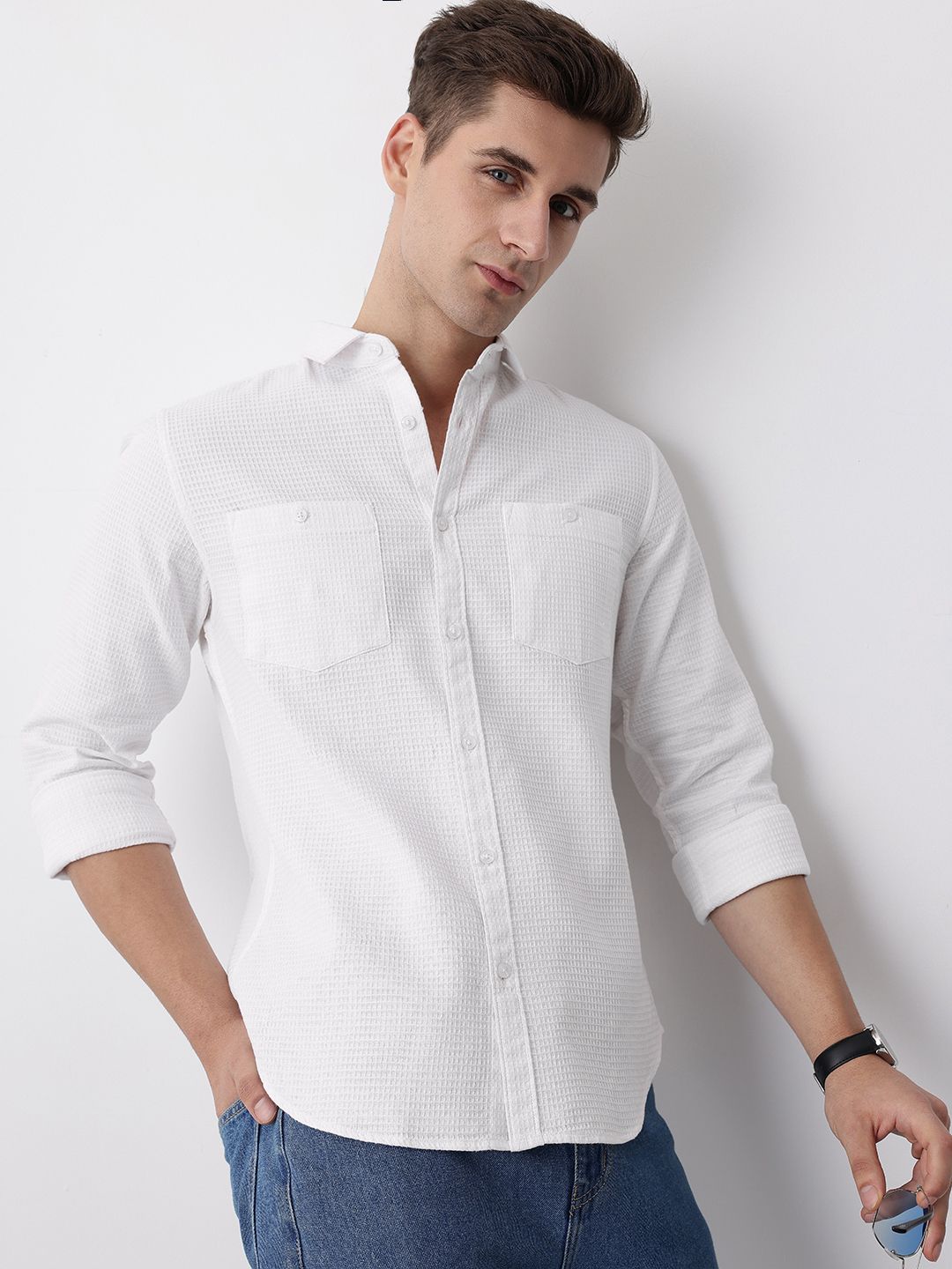 Mast & Harbour Waffle Textured Pure Cotton Casual Shirt