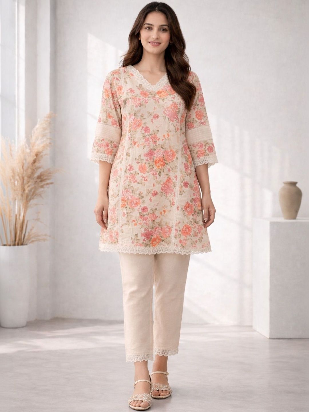 Women Printed Kurti Set AUTUMN LANE Women Floral Printed Regular Pure Cotton Kurti with Trousers