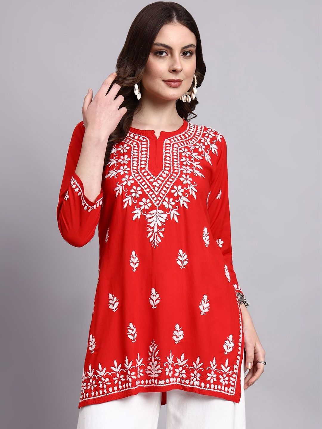 The Chikan Label Women Ethnic Motifs Hand Embroidered Chikankari Short Kurti Top