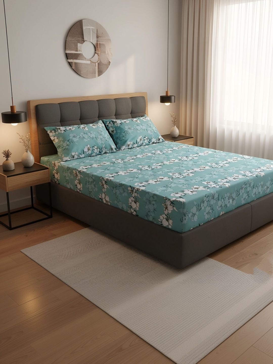INDHOME LIFE INDHOME LIFE Teal Floral Double Bedsheet with 2 Pillow Covers