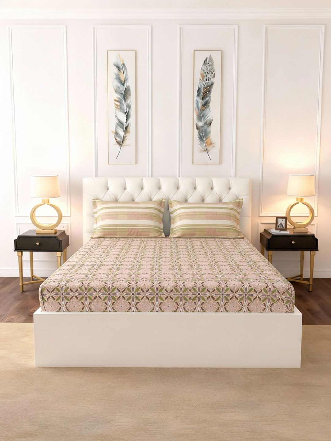 Raymond Home Raymond Home Peach-Coloured Conversational 140 TC King Bedsheet with 2 Pillow Covers