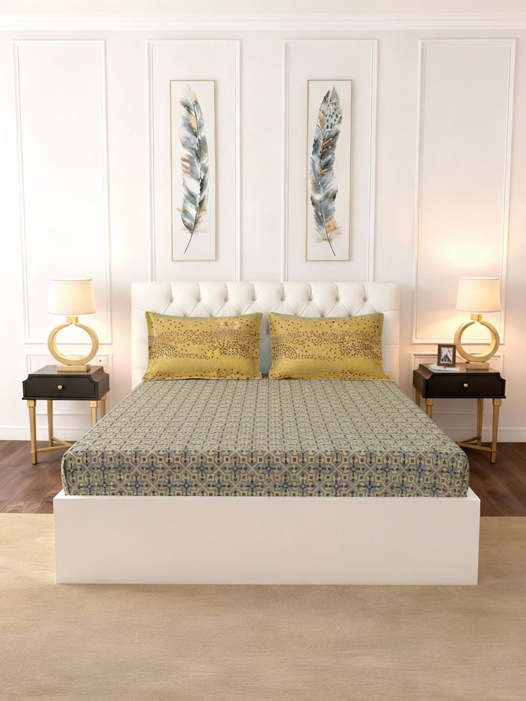 Raymond Home Raymond Home Green Geometric 140 TC King Bedsheet with 2 Pillow Covers