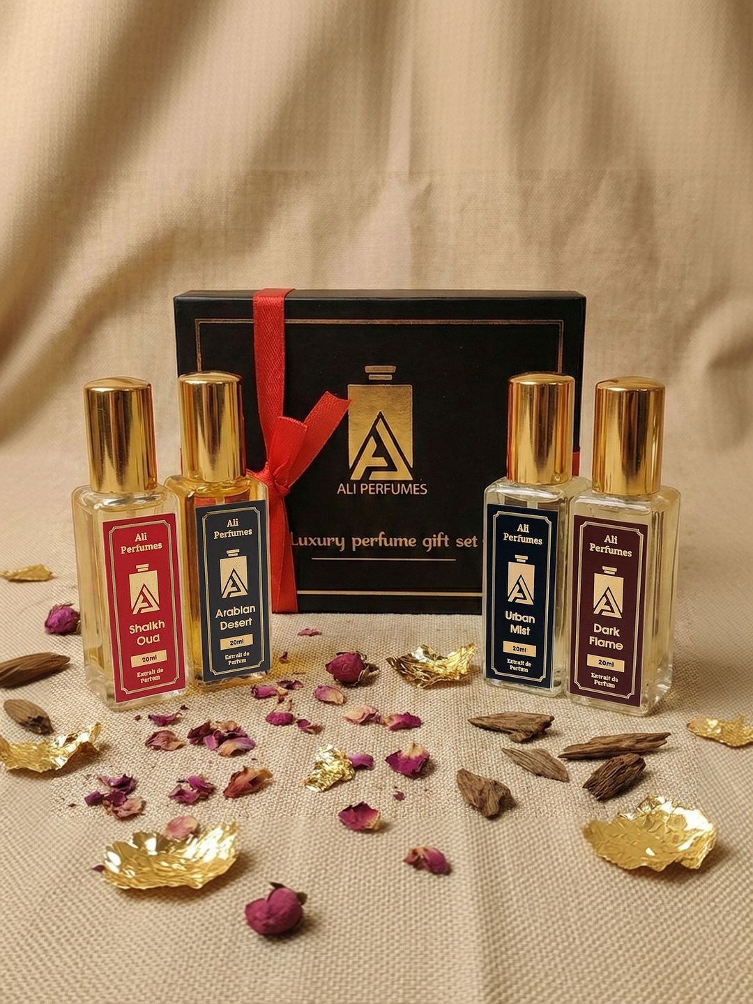 Ali Perfumes Set Of 4 Shaikh Oud, Urban Mist, Dark Flame & Arabian Desert EDP - 20 ml Each